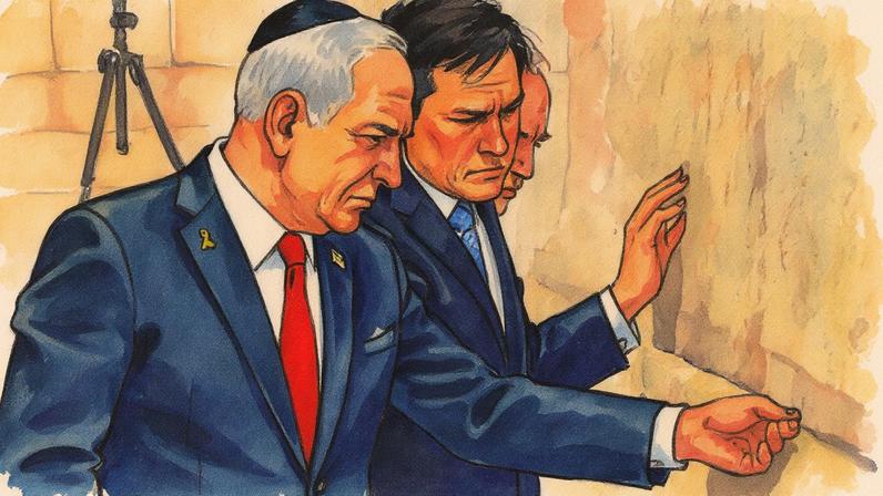 Primeiro-ministro de Israel, Benjamin Netanyahu, o secretário de Estado dos EUA, Marco Rubio, e o embaixador dos EUA em Israel, Mike Huckabee, visitam o Muro das Lamentações, em Jerusalém (Foto: Reprodução)