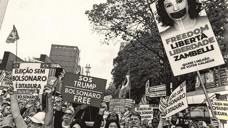 Cartazes pedem Jair Bolsonaro na eleição de 2026, liberdade a Carla Zambelli e anistia a condenados pelo 8 de janeiro (Foto: Reprodução)