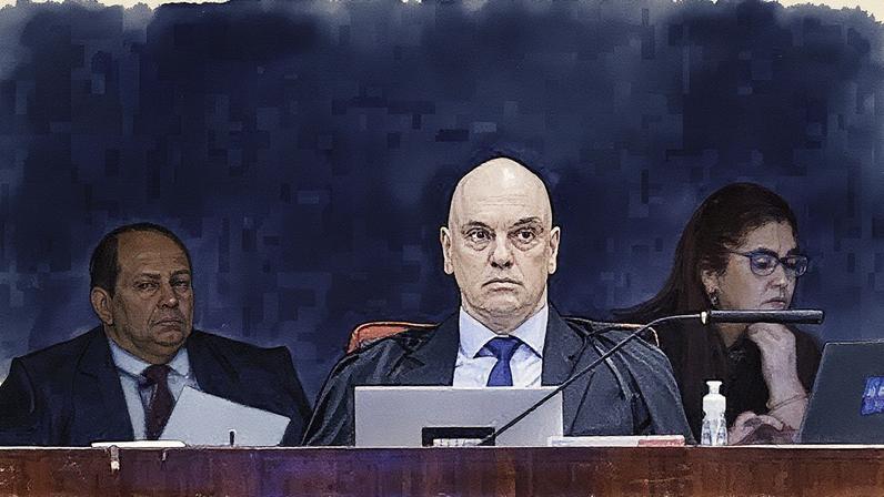 Alexandre de Moraes durante o 2º dia de julgamento de um caso envolvendo Bolsonaro e outros sete réus (Foto: Reprodução)