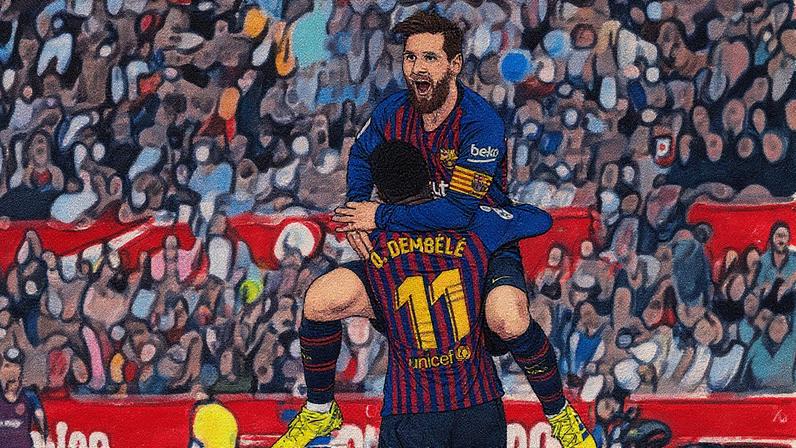 Jogadores Messi e Dembélé em ação durante partida pelo Barcelona (Foto: Reprodução)