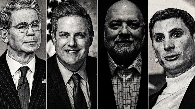 Grupo de homens, incluindo Scott Bessent, Charles Moran, Tony Fabrizio e Jacob Helberg, que trabalham na Administração de Trump (Foto: Reprodução)