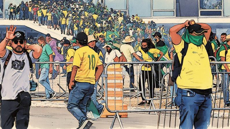 Grupo de pessoas em frente ao Palácio do Planalto durante os eventos de 8 de janeiro de 2023 (Foto: Reprodução)