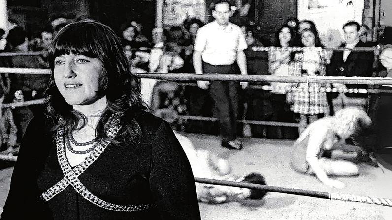 Rosalyn Drexler está sentada à beira do ringue em um evento de luta, 1972 (Foto: Reprodução)