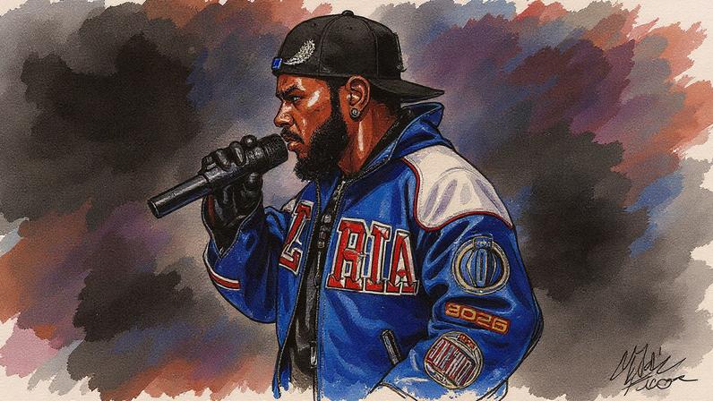 Rapper Kendrick Lamar se apresenta no palco durante o Show do Intervalo do Super Bowl 2025 em Nova Orleans (Foto: Reprodução)