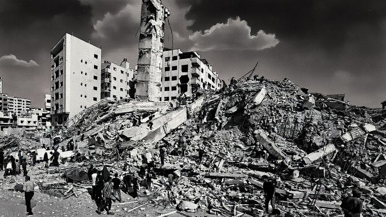 Palestinos inspecionam os destroços de um prédio residencial destruído por um ataque aéreo na Cidade de Gaza (Foto: Reprodução)