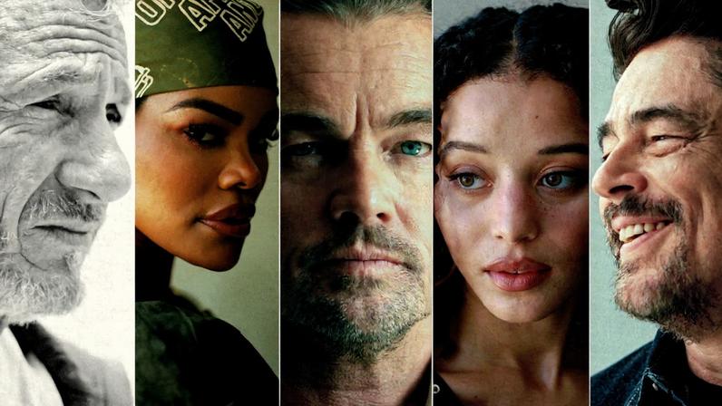 Elenco de 'Uma batalha após a outra' com Sean Penn, Teyana Taylor, Leonardo DiCaprio, Chase Infiniti e Benicio Del Toro (Foto: Reprodução)