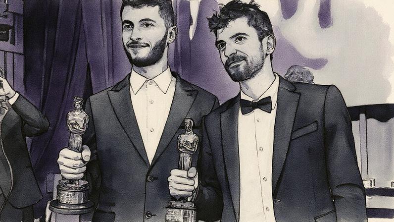 Vencedores do Oscar de melhor documentário, Basel Adra e Yuval Abraham, posam para fotos no Governors Ball, em Los Angeles (Foto: Reprodução)