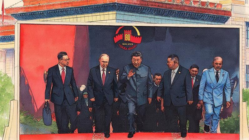 Xi Jinping, Vladimir Putin e Kim Jong Un se encontram durante um desfile militar em Pequim (Foto: Reprodução)