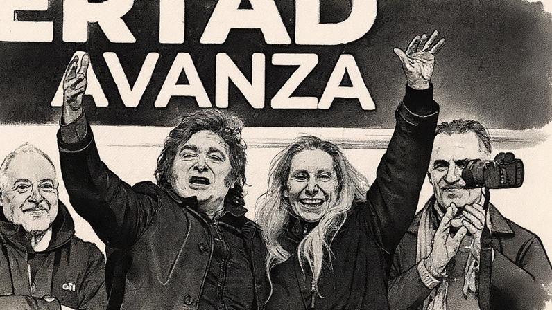 Presidente da Argentina, Javier Milei, e sua irmã, Karina, cumprimentam apoiadores durante comício em Buenos Aires (Foto: Reprodução)