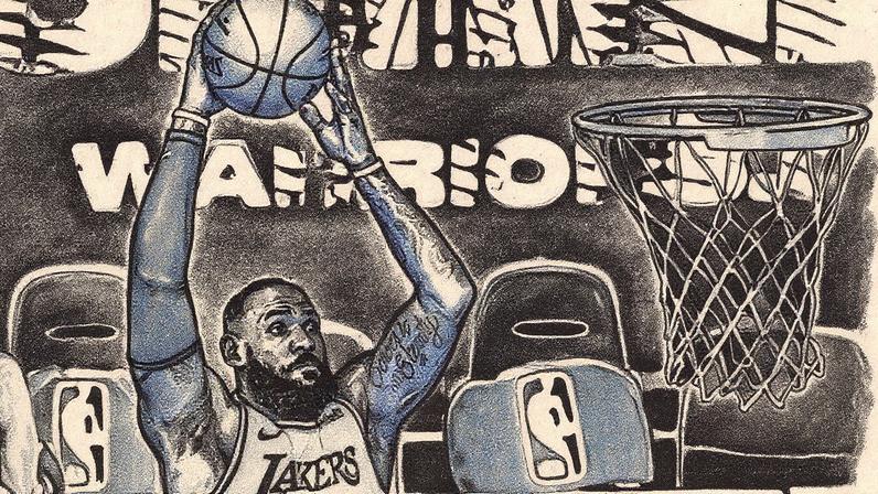 LeBron James, jogador do Los Angeles Lakers, realiza uma enterrada em uma partida de basquete, enquanto a imagem destaca a transformação de suas jogadas em NFTs de alto valor (Foto: Reprodução)
