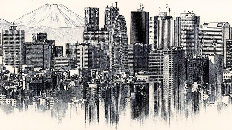 Reflexo do Monte Fuji e edifícios do distrito de Shinjuku em uma mesa em um deck de observação em Tóquio, Japão (Foto: Reprodução)