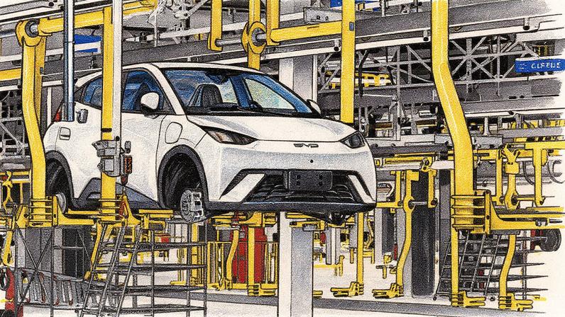 Carro da BYD parcialmente montado na base de produção da montadora em Camaçari, na Bahia (Foto: Reprodução)