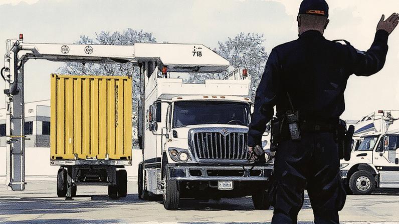 Um oficial da Patrulha de Fronteira da Califórnia direciona um caminhão de inspeção de veículos e cargas móveis (VACIS) para realizar uma radiografia do conteúdo de um contêiner de carga no Terminal de Exame Central do Porto de Los Angeles/Long Beach em Carson (Foto: Reprodução)