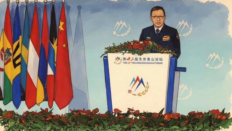 Ministro da Defesa da China, Dong Jun, discursa na abertura do Fórum Xiangshan em Pequim (Foto: Reprodução)