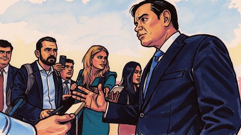 Secretário de Estado dos EUA, Marco Rubio, fala à imprensa ao deixar Tel Aviv com destino ao Catar (Foto: Reprodução)