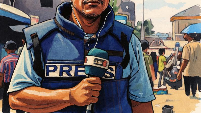 Ibrahim Kannan, jornalista de 53 anos, trabalha em uma loja de campanha instalada em frente ao hospital Nasser em Khan Yunis, Gaza, após ter sido ferido na perna durante ataques israelenses contra jornalistas (Foto: Reprodução)