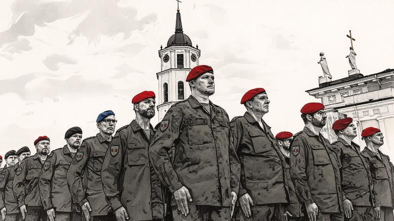 Soldados da 45ª Brigada Blindada do Bundeswehr da Alemanha participam de uma chamada cerimonial em Vilnius, Lituânia, no dia 22 de maio (Foto: Reprodução)