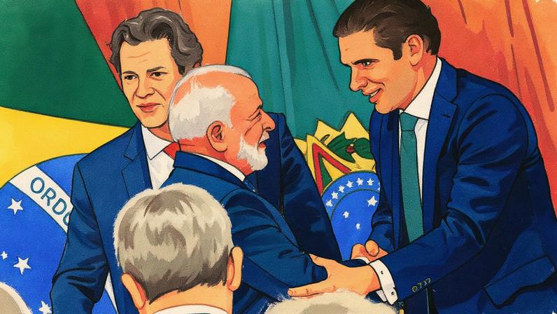 Presidente Lula cumprimenta o presidente da Câmara, Hugo Motta, ao lado do ministro Fernando Haddad (Foto: Reprodução)