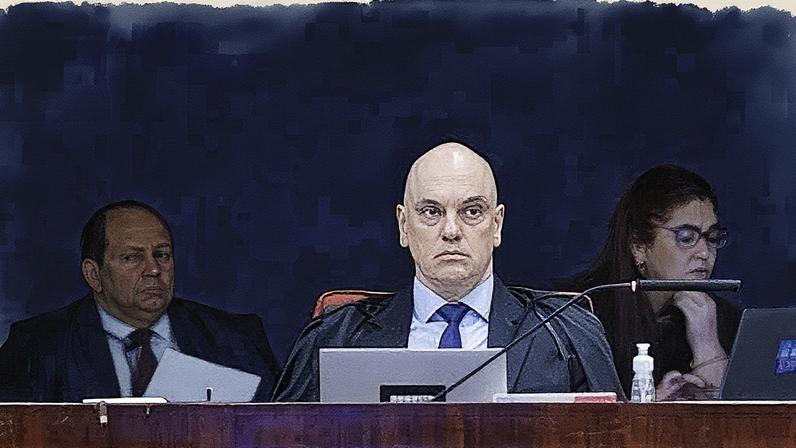 Alexandre de Moraes durante o 2º dia de julgamento de um caso envolvendo Bolsonaro e outros sete réus (Foto: Reprodução)