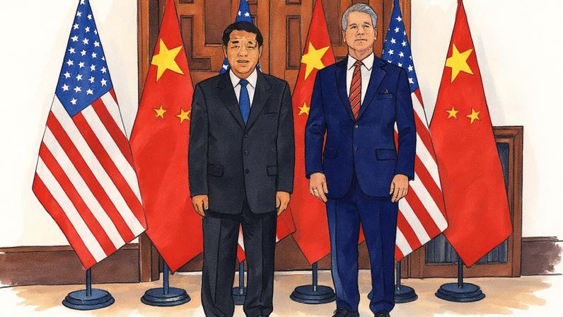 Vice-premiê da China, He Lifeng, e secretário do Tesouro dos EUA, Scott Bessent, posam para foto durante chegada em Madri para reuniões (Foto: Reprodução)