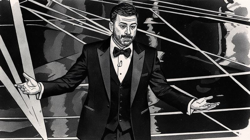 Jimmy Kimmel apresenta o Oscar 2017 em um palco com iluminação e decoração característica do evento (Foto: Reprodução)