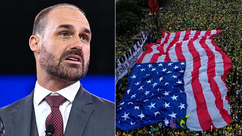Eduardo Bolsonaro defende uso de bandeira americana em ato na Avenida Paulista no 7 de setembro (Foto: Reprodução)