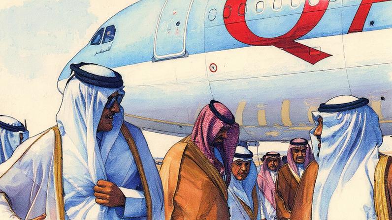 O emir do Catar, xeque Tamim bin Hamad Al Thani, é recebido pelo vice-governador da região de Riad, Mohammed bin Abdulrahman bin Abdulaziz, ao chegar para participar da cúpula do GCC em Riad, Arábia Saudita (Foto: Reprodução)