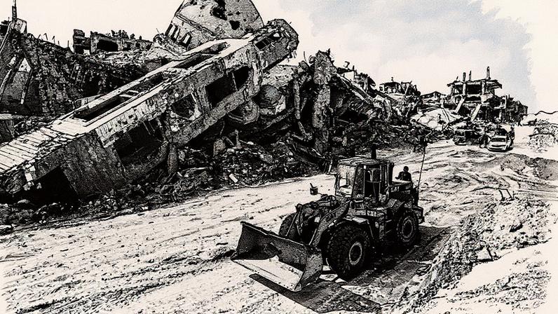 Bulldozer remove destroços de uma rua em Beit Lahia, no norte de Gaza (Foto: Reprodução)