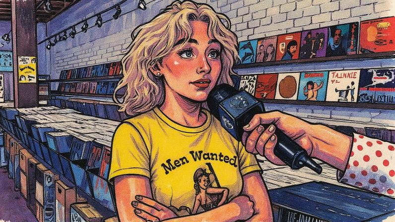 Sabrina Carpenter faz compras de vinil com Nardwuar, onde descobre um detalhe surpreendente sobre a versão em vinil de seu álbum de estreia (Foto: Reprodução)