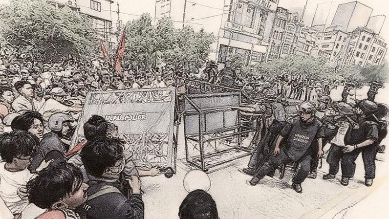 Grupo de estudantes nepalíes se manifesta em frente à polícia próximo ao edifício parlamentar em Katmandú (Foto: Reprodução)