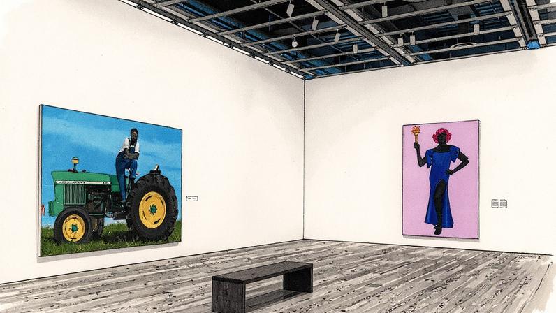 Exibição da instalação "Amy Sherald: American Sublime", 2025, no Whitney Museum of American Art em Nova York, com as obras A God Blessed Land (Empire of Dirt), 2022, e Trans Forming Liberty, 2024 (Foto: Reprodução)