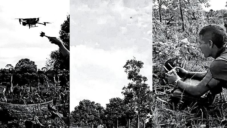 Homem pilota um drone com explosivos durante confronto entre grupos dissidentes em Putumayo (Foto: Reprodução)