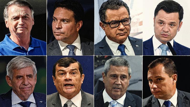 Montagem com os oito réus do núcleo crucial da trama golpista, sendo seis militares e dois delegados (Foto: Reprodução)