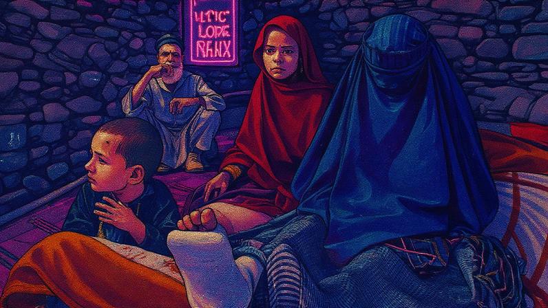 Mulher afegã vestindo burca, com a perna ferida, ao lado de crianças fora de uma casa no distrito Dara-i-Nur, na província de Nangarhar (Foto: Reprodução)