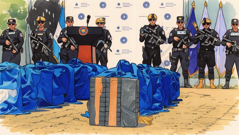 Autoridades da Armada de El Salvador ao lado de 1,4 toneladas de droga apreendidas no Océano Pacífico (Foto: Reprodução)