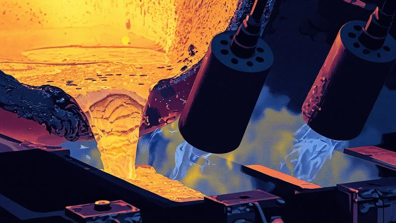 Ouro derretido flui de um fundidor para um molde de barra em uma planta de refino e fabricação de barras de ouro e prata (Foto: Reprodução)