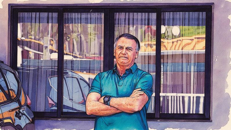 Ex-presidente Bolsonaro em frente à sua casa em Brasília, onde cumpre prisão domiciliar (Foto: Reprodução)