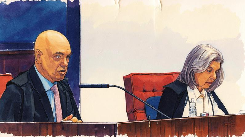 Ministro Alexandre de Moraes e Ministra Cármen Lúcia durante julgamento de Jair Bolsonaro e outros réus (Foto: Reprodução)