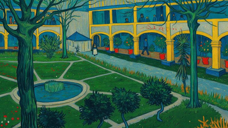 Pátio do hospital em Arles, com edifícios e vegetação ao redor, pintado por Van Gogh (Foto: Reprodução)