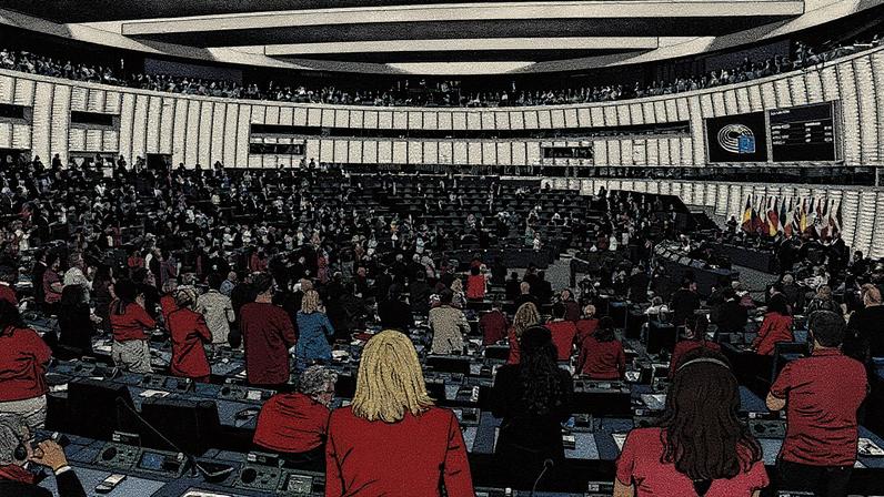 Eurodeputados vestidos de vermelho durante sessão do Parlamento Europeu em protesto contra o asedio a Gaza (Foto: Reprodução)