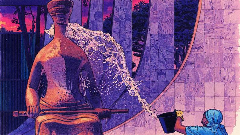 Funcionário lava a estátua da Justiça, que foi pichada (Foto: Reprodução)