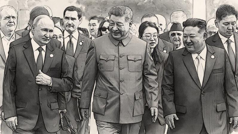 Líderes políticos Vladimir Putin, Xi Jinping e Kim Jong Un caminham juntos antes de um desfile militar em Pequim, na Praça Tiananmen, em comemoração ao 80º aniversário da vitória sobre o Japão e o fim da Segunda Guerra Mundial (Foto: Reprodução)