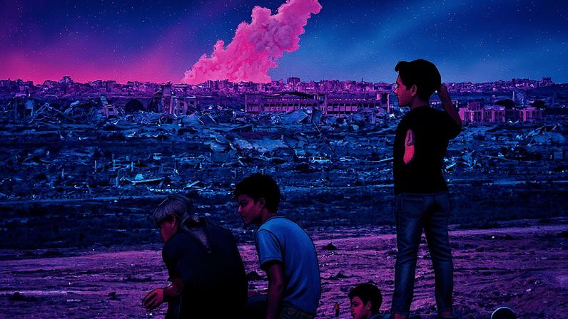 Crianças observam cenário de destruição e fumaça após ataque no centro da Faixa de Gaza (Foto: Reprodução)