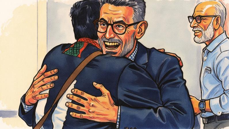 Ayman Soliman é recebido por um apoiador ao chegar para uma coletiva de imprensa na Mesquita Clifton em Cincinnati, após ser liberado da custódia do ICE (Foto: Reprodução)