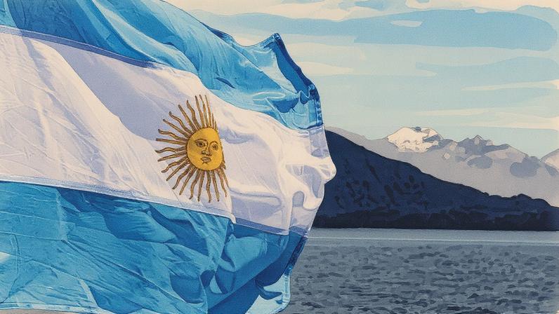 Bandeira da Argentina com faixas horizontais em azul e branco, apresentando o sol da manhã no centro (Foto: Reprodução)