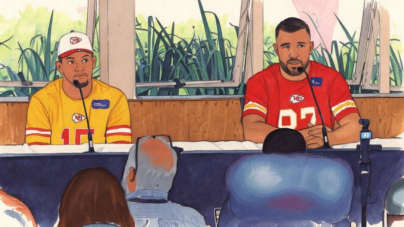 Jogadores Patrick Mahomes e Travis Kelce, do Kansas City Chiefs, durante coletiva de imprensa em São Paulo (Foto: Reprodução)