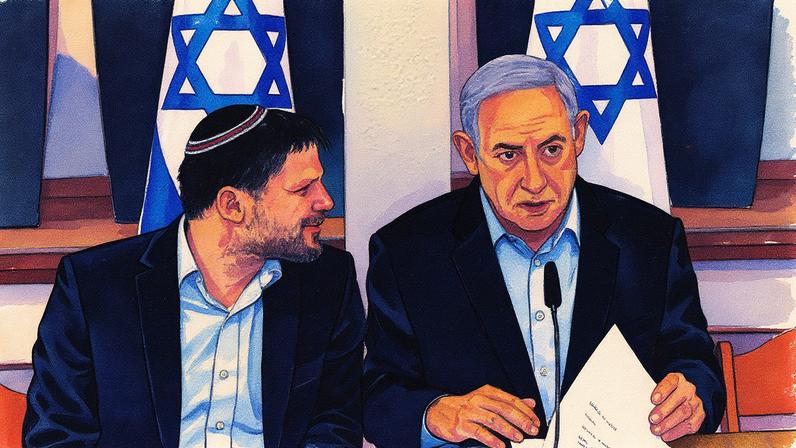 Ministro das Finanças de Israel, Bezalel Smotrich, conversa com o primeiro-ministro Binyamin Netanyahu durante reunião de gabinete no Ministério da Defesa em Tel Aviv (Foto: Reprodução)