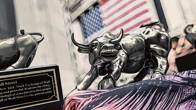 Uma pequena réplica da estátua do Touro de Wall Street é exibida em uma barraca de vendedor ambulante em frente à Bolsa de Valores de Nova York (Foto: Reprodução)