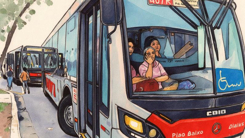 Cenas de deslocamento urbano em São Paulo e no Rio de Janeiro, com destaque para o uso de ônibus e BRT, onde o tempo médio de deslocamento diário é de quase duas horas (Foto: Reprodução)