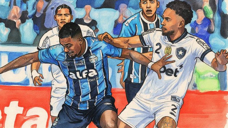 Grêmio e Botafogo empatam por 1 a 1 no Brasileirão após pênalti controverso no final. Botafogo perde zagueiros e chance de G-4. Grêmio sobe na tabela. Foto: reprodução/instagram/@gremio